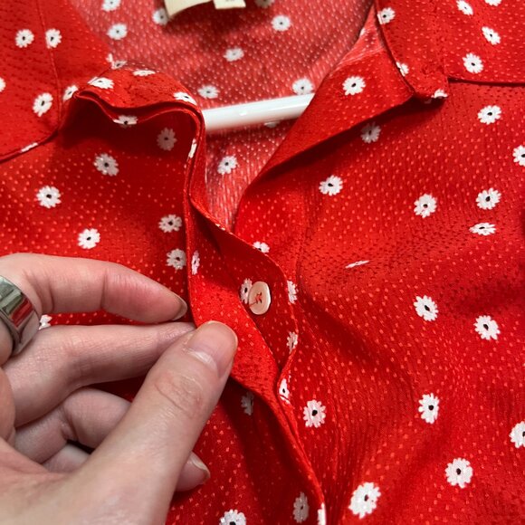 Sézane Red Silk Blouse w/ White Floral Print & Tie Bow | Size 40 (US 8/M) - Picture 6 of 10